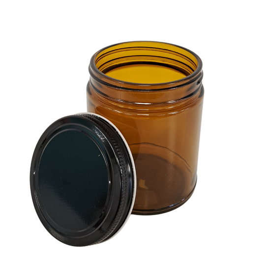 AMBER GLASS JAR (250 g) WITH BLACK METAL LID