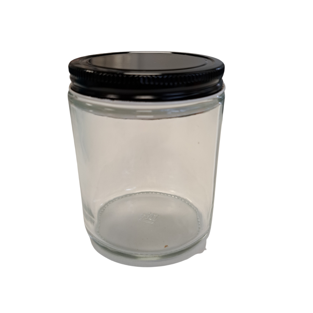 CLEAR GLASS JAR (250 g) WITH BLACK METAL LID